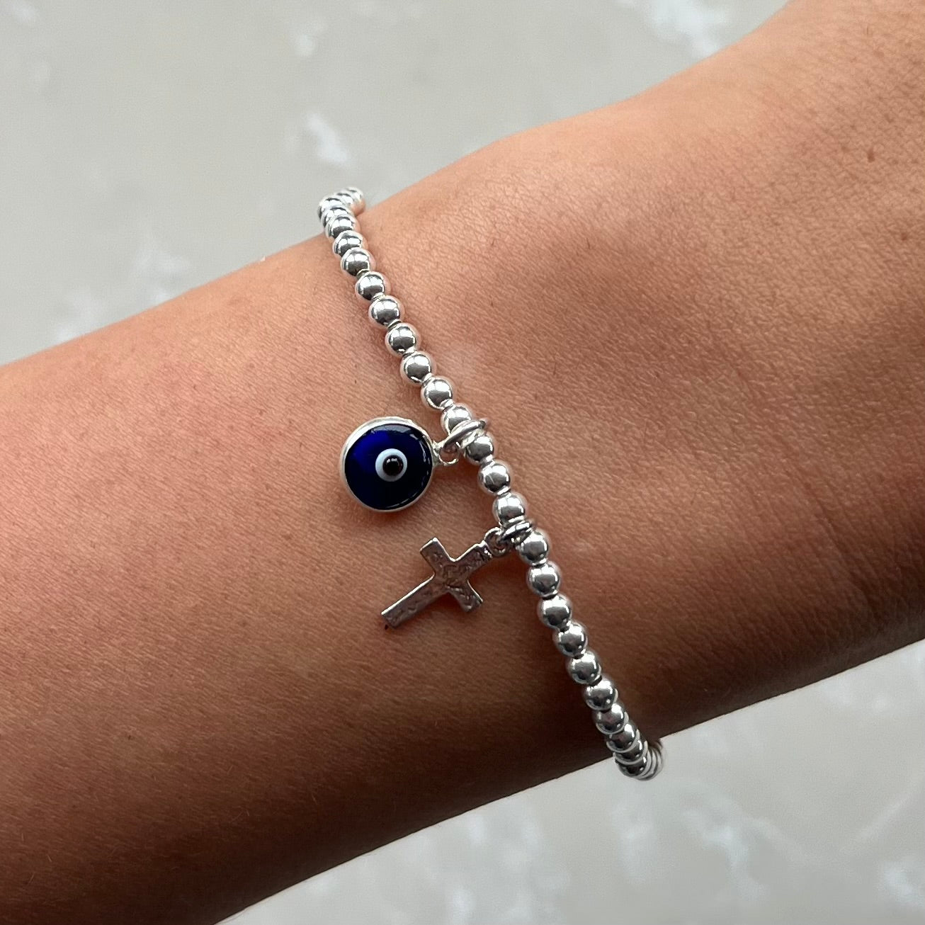 Cross & Evil Eye Dark Blue Silver Elastic Bracelets