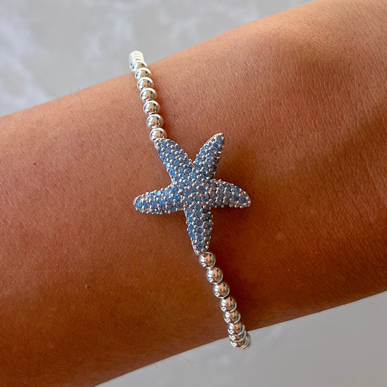 Blue Starfish Silver Elastic Bracelet