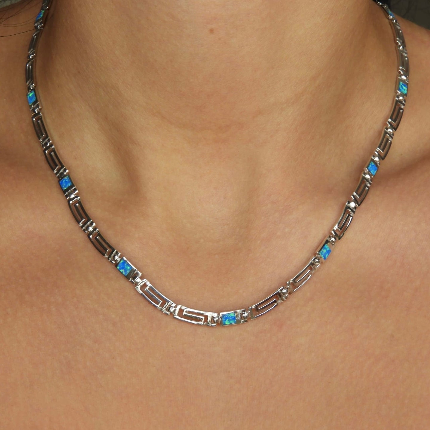 Blue Opal Square Meander Silver Necklace
