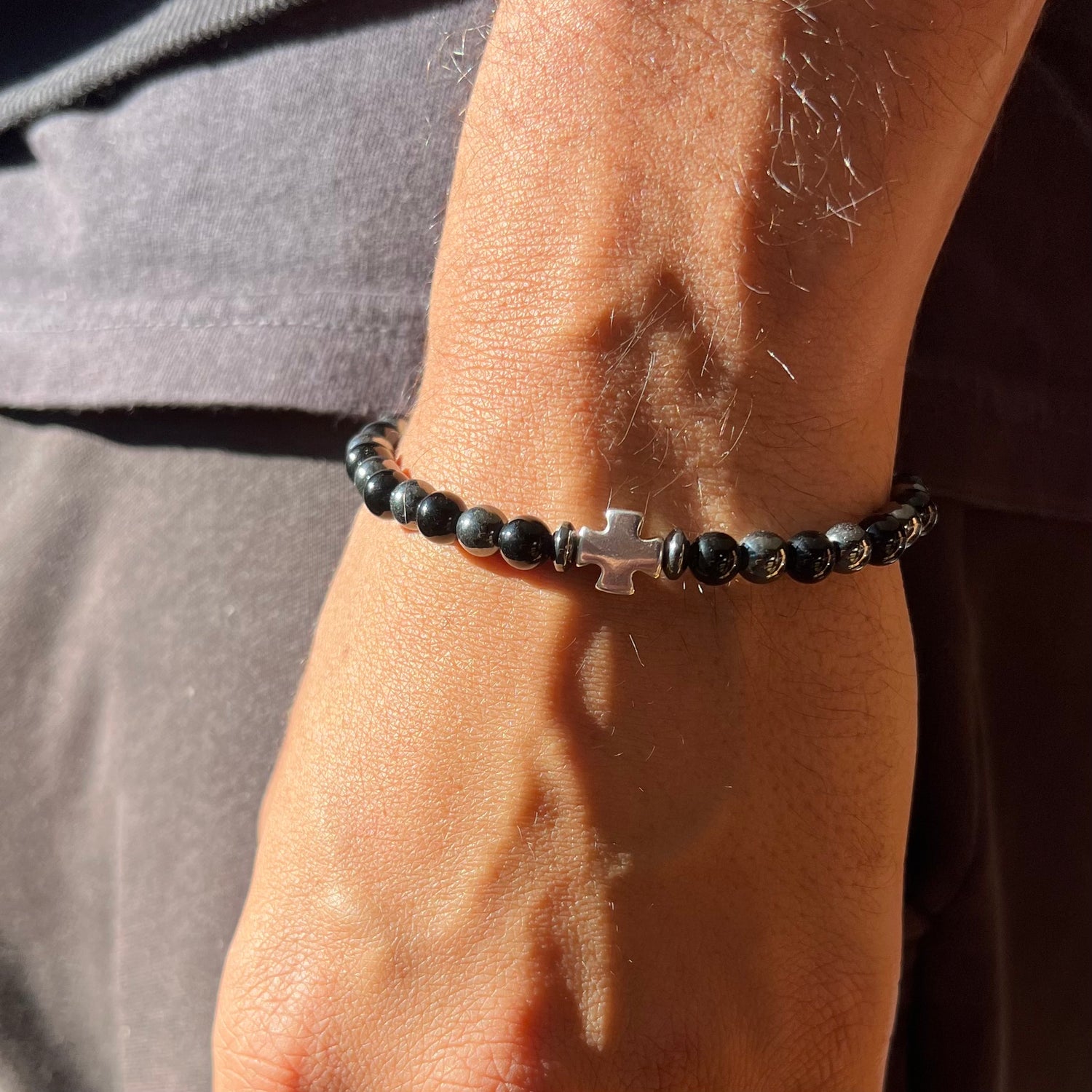 Cross Hematite And Lava Stone Bracelet