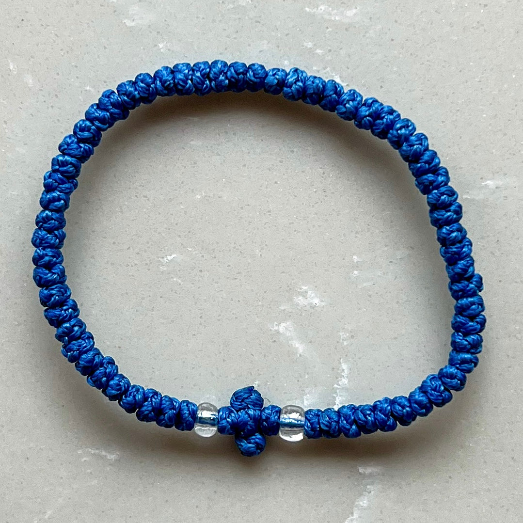 Komboskini Greek Orthodox Prayer Rope Bracelet - Cobalt Blue With Clear Bead