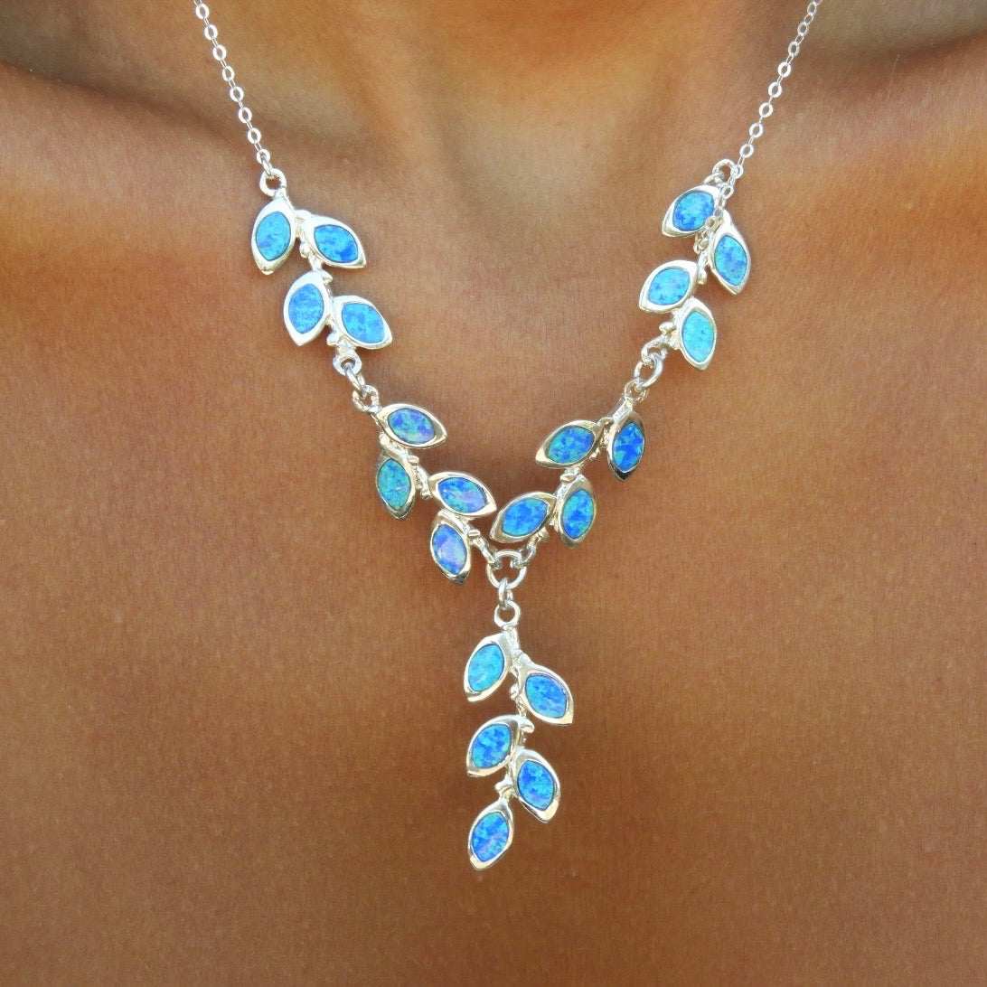 Blue Opal Leaf Silver Necklace