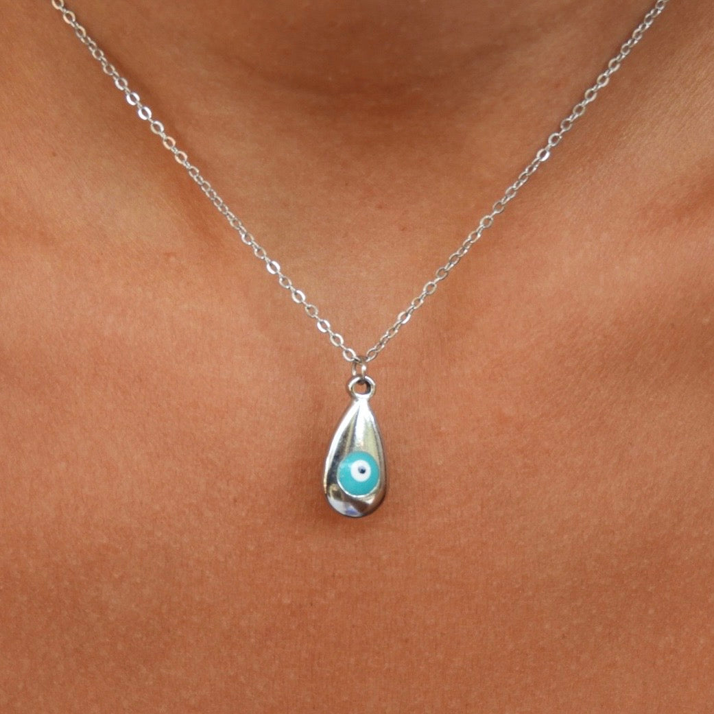 Tear Drop Light Blue Silver Evil Eye Necklace