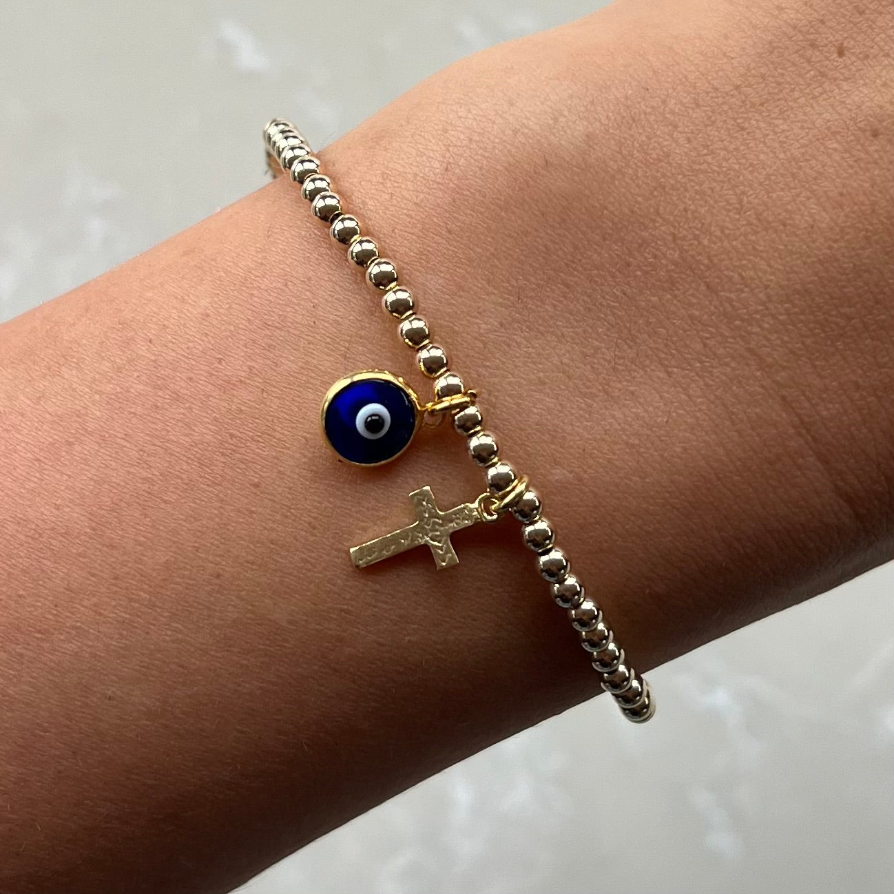 Cross & Evil Eye Dark Blue Gold Elastic Bracelets