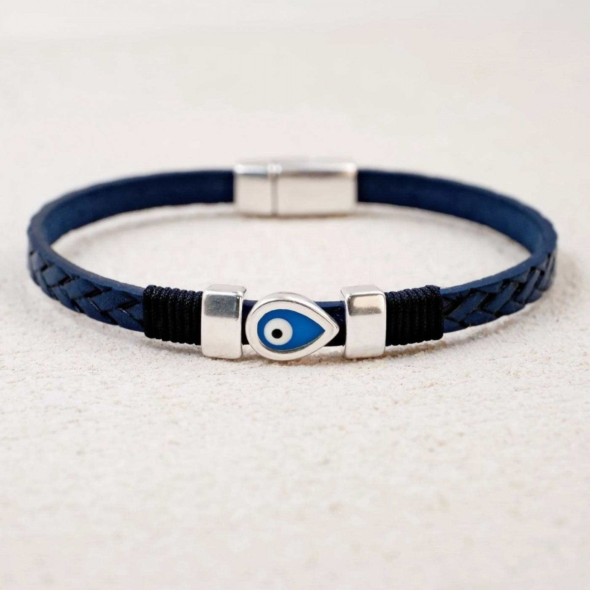 Tear Drop Eye Navy Leather Bracelet
