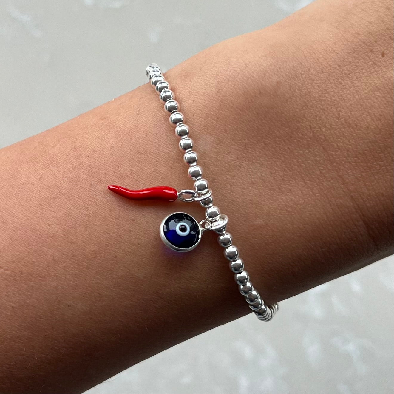 Chilli & Evil Eye Dark Blue Silver Elastic Bracelet