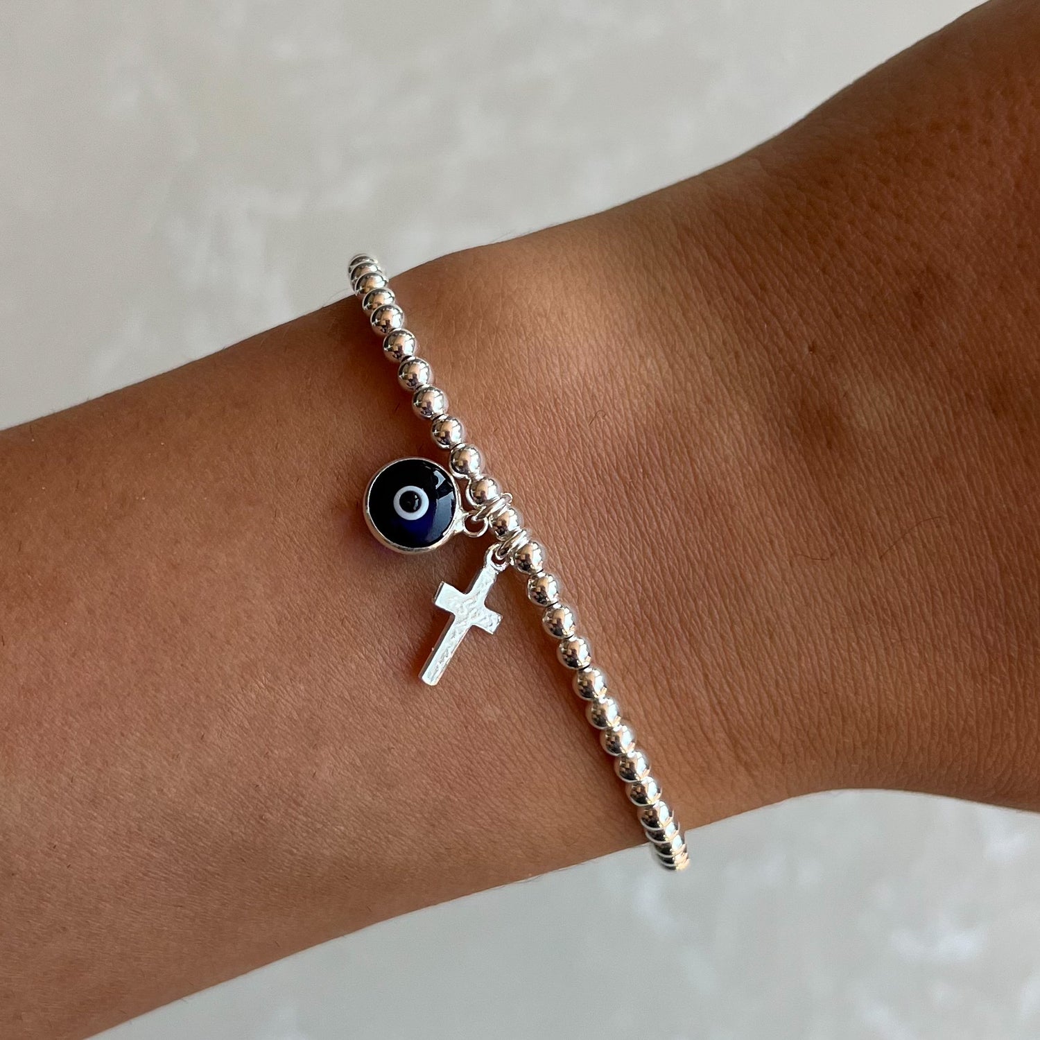 Cross & Evil Eye Silver Elastic Bracelets
