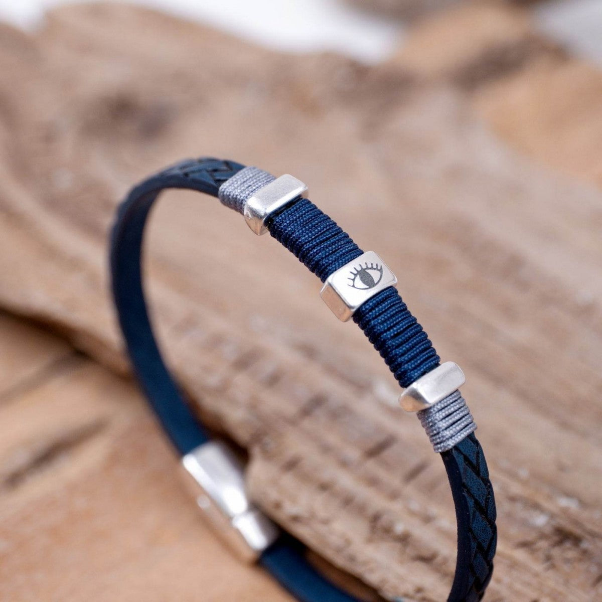 Silver Eye Navy Leather Bracelet