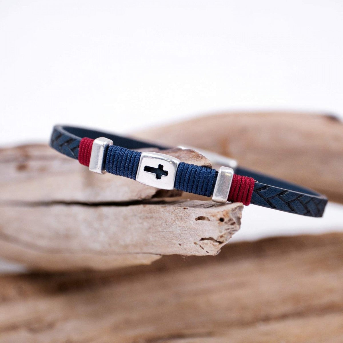 Silver Cross Navy Leather Bracelet