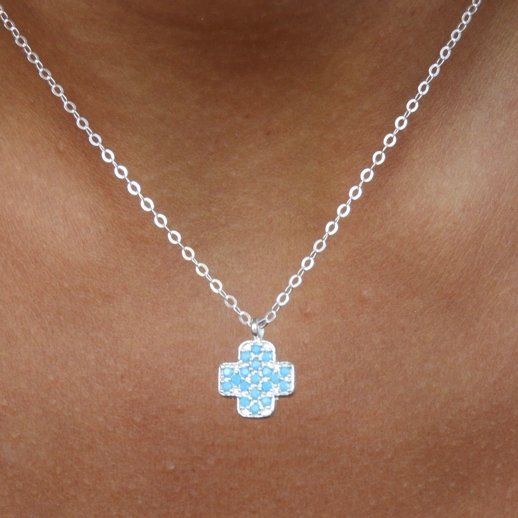 Rebecca Light Blue Silver Cross Necklace