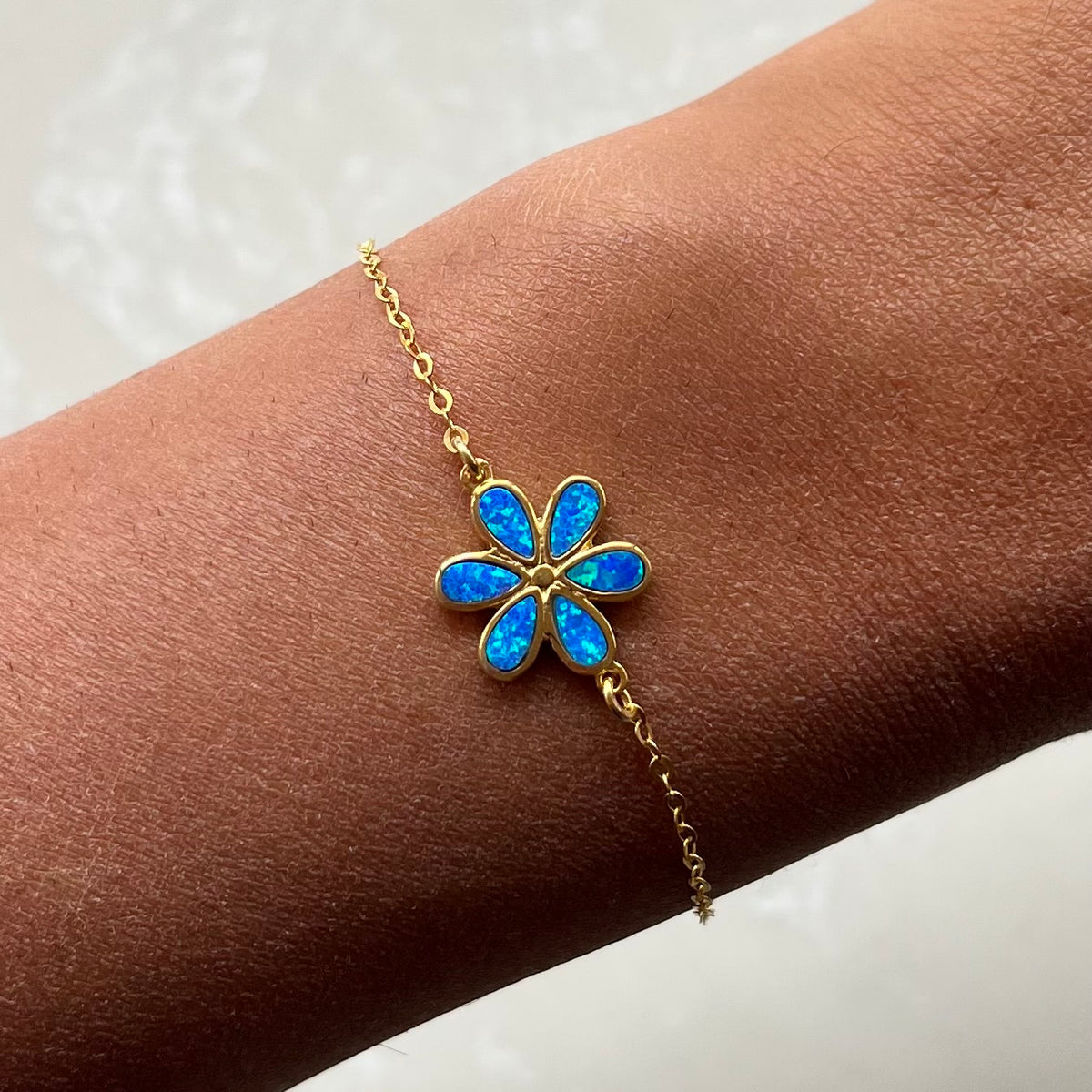 Blue Opal Flower Gold Chain Bracelet