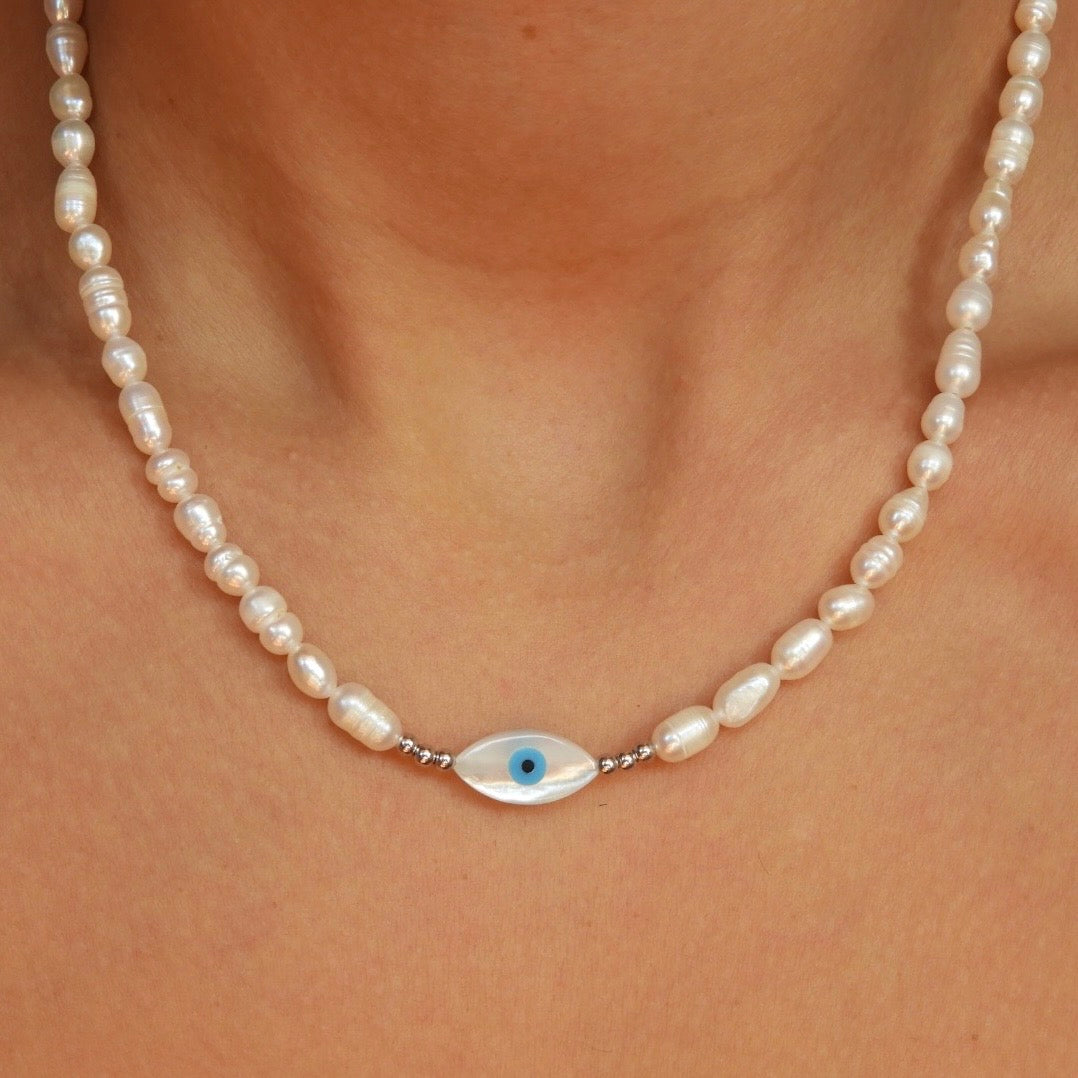 Freshwater Pearl Beaded Evil Eye Silver Necklace