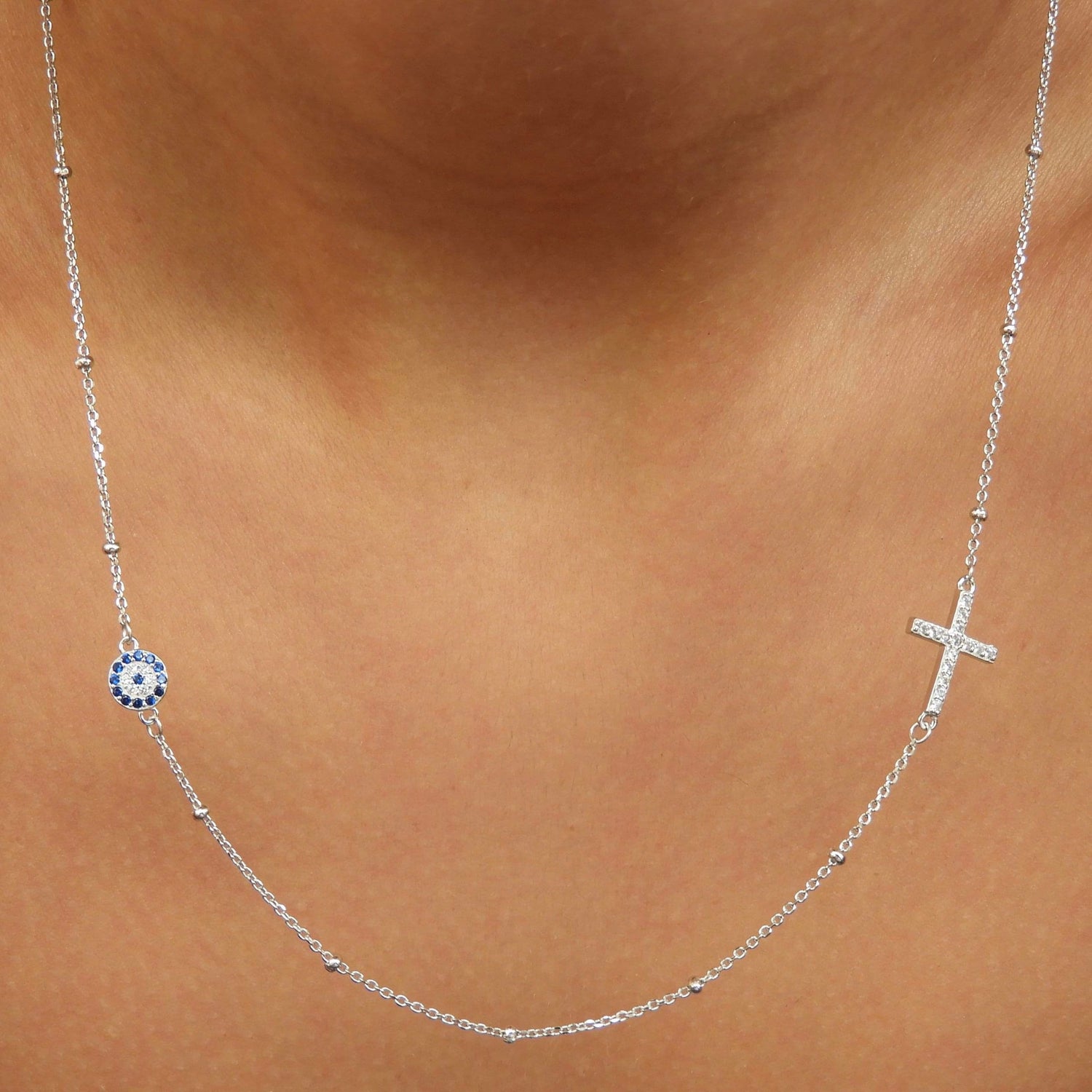 Aleka Evil Eye & Cross Silver Necklace
