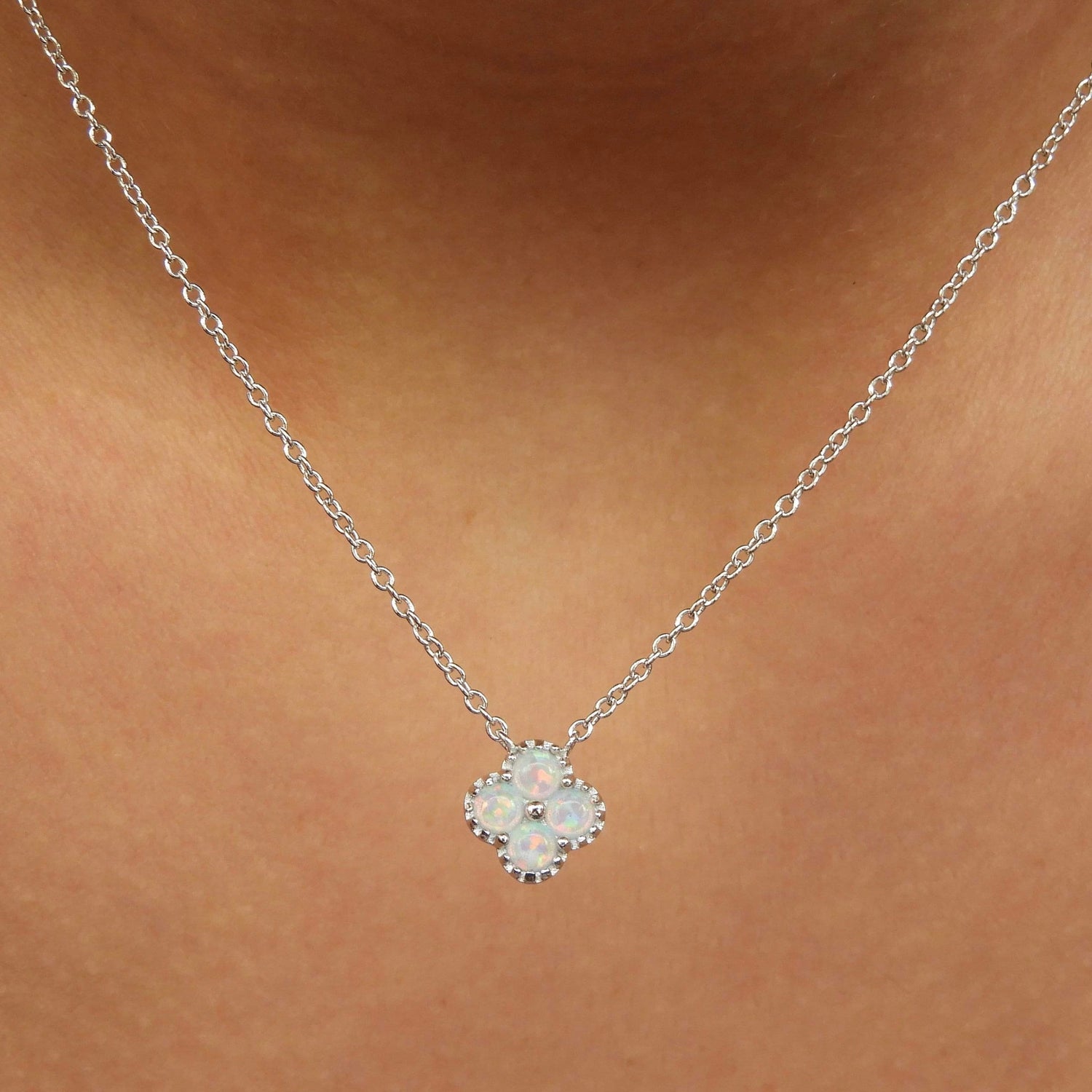 Ivy White Opal Clover Silver Necklace