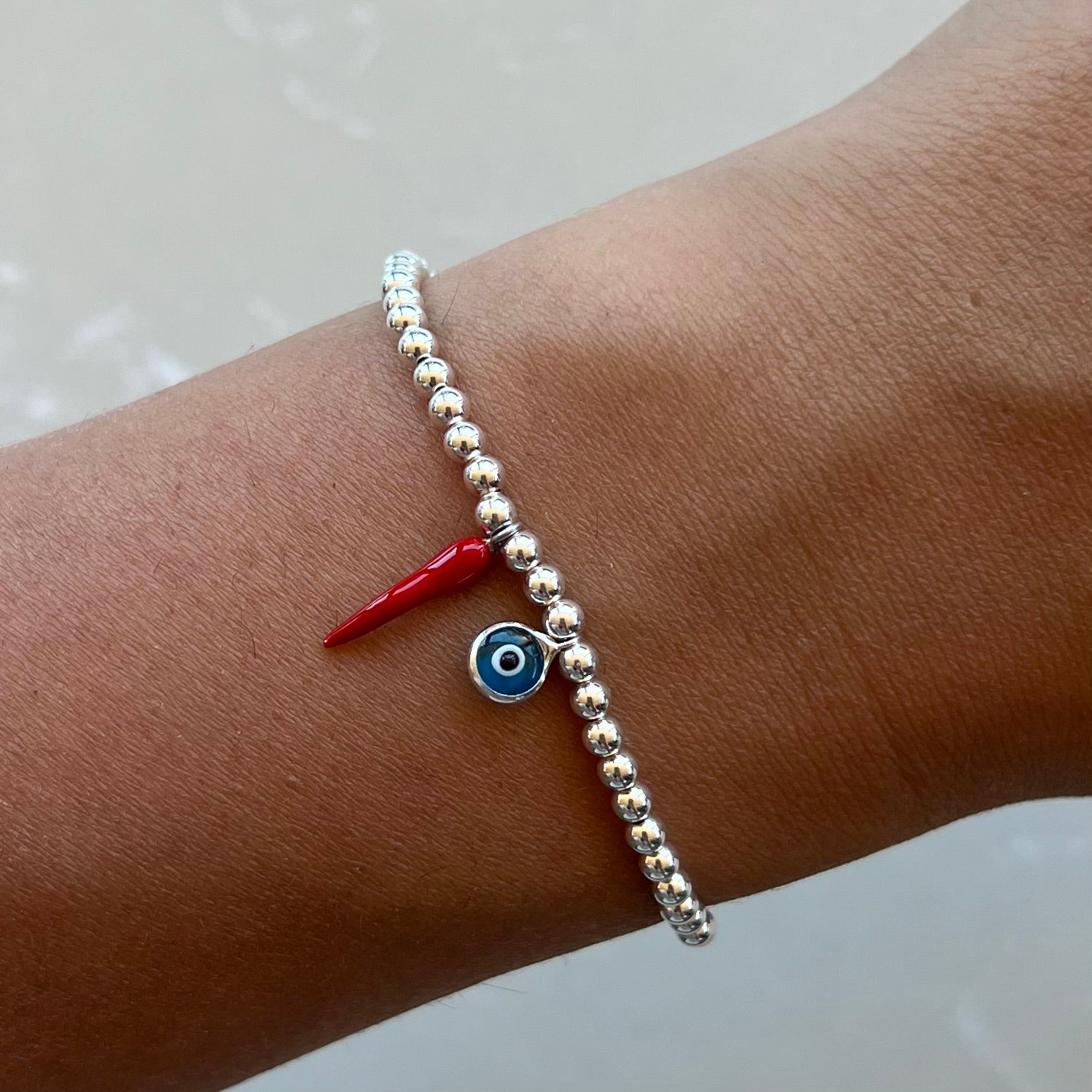 Chilli & Evil Eye Light Blue Silver Elastic Bracelet