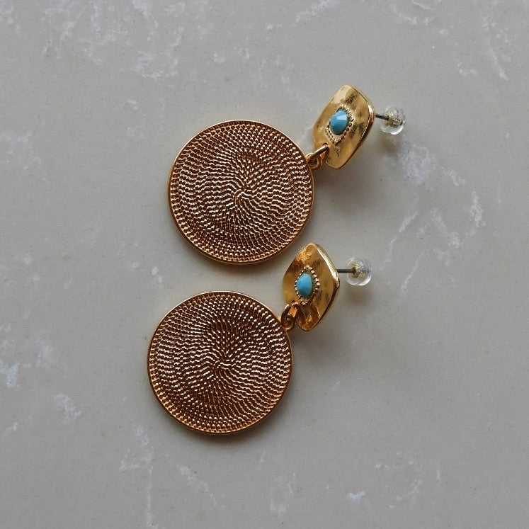 Turquoise Textured Gold Disc Earrings