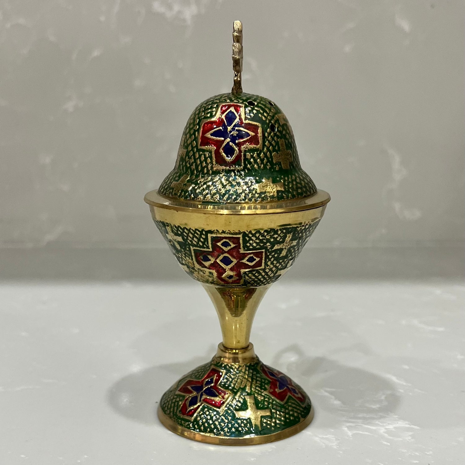 Tall Green & Gold Enamel Thimiato