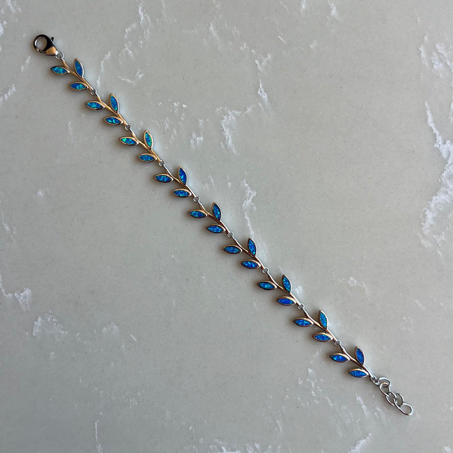 Opal Olive Leaf Silver Chain Bracelet