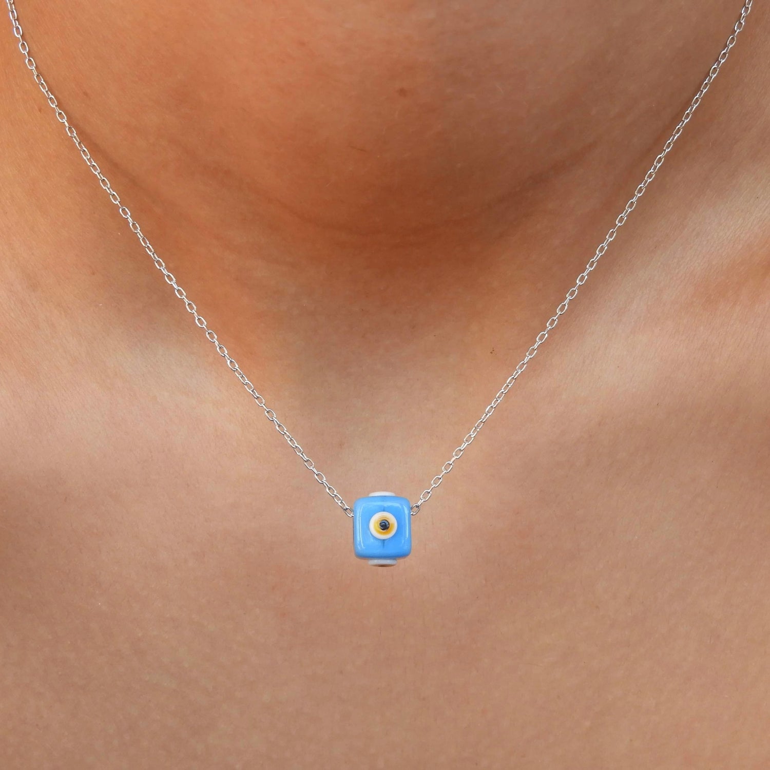 Xandra Evil Eye Greek Blue Bead Silver Necklace