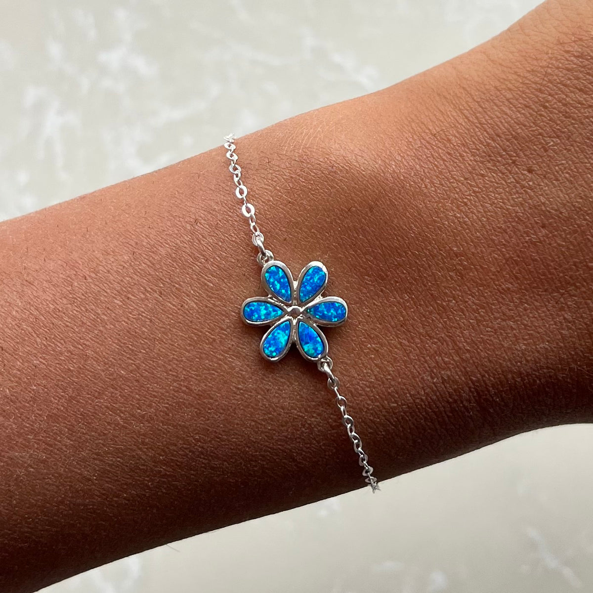 Blue Opal Flower Silver Chain Bracelet