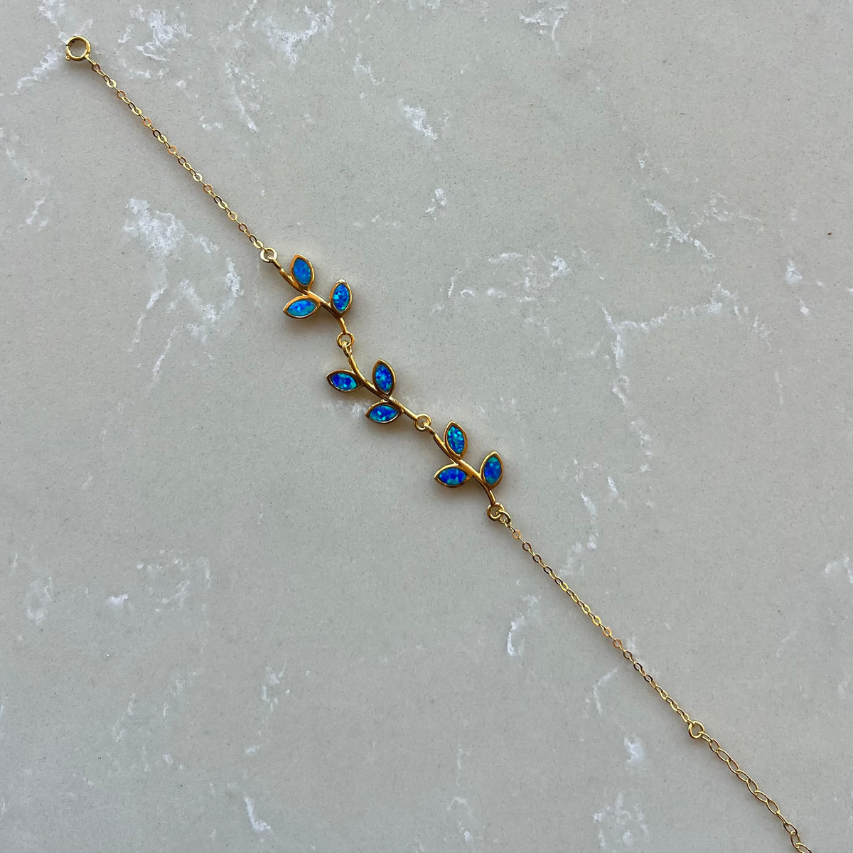 Blue Opal Leaf Gold Chain Bracelet