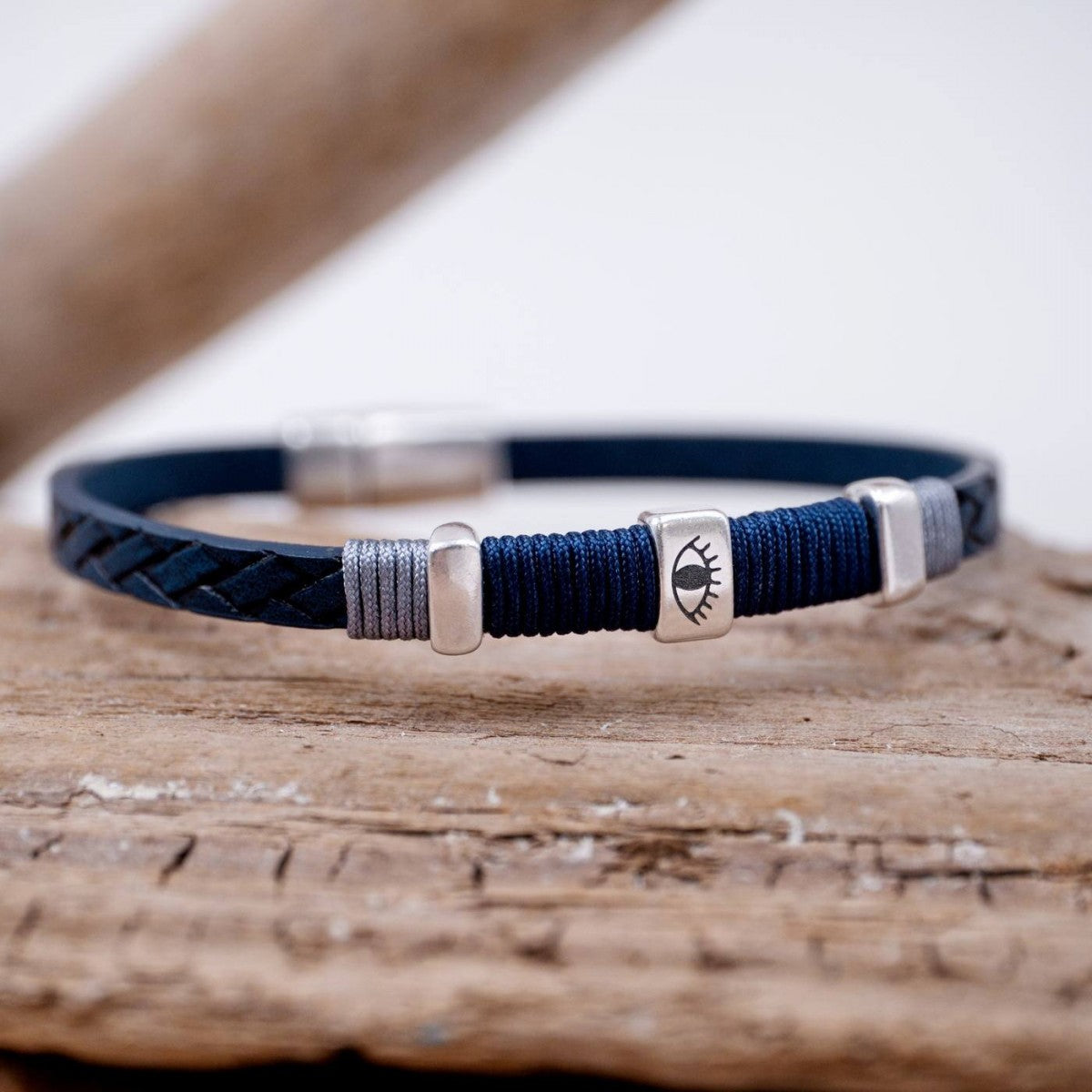 Silver Eye Navy Leather Bracelet