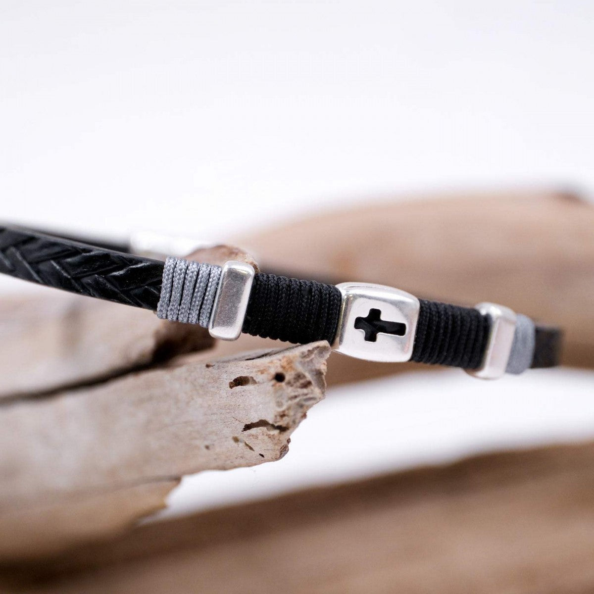 Silver Cross Black Leather Bracelet