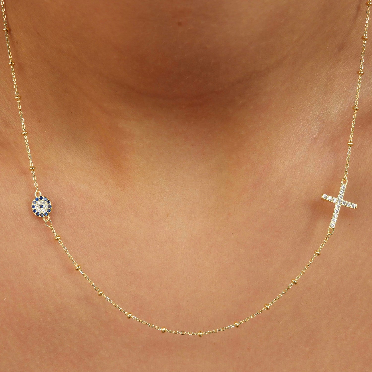 Aleka Evil Eye & Cross Gold Necklace