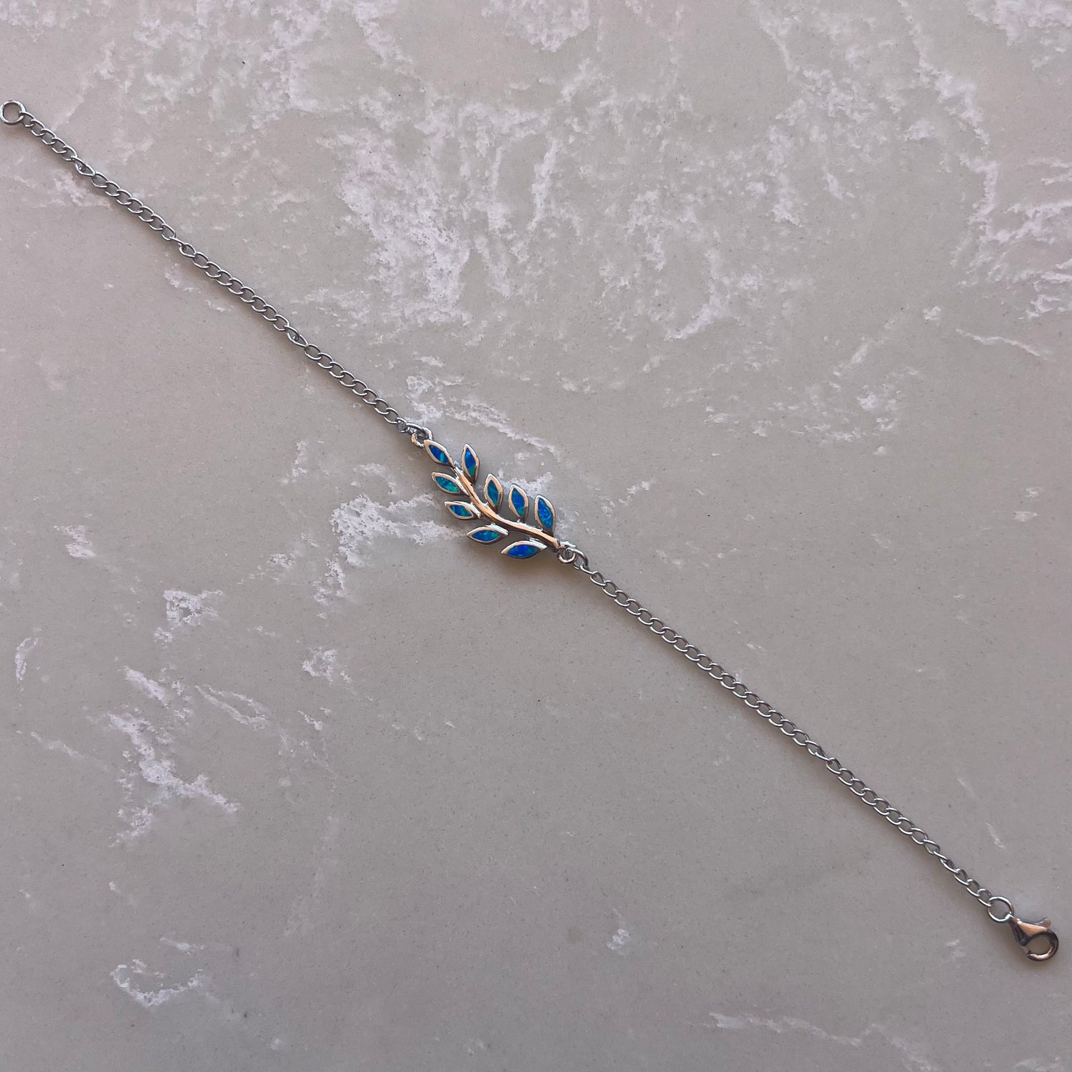 Blue Opal Leaf Silver Chain Bracelet