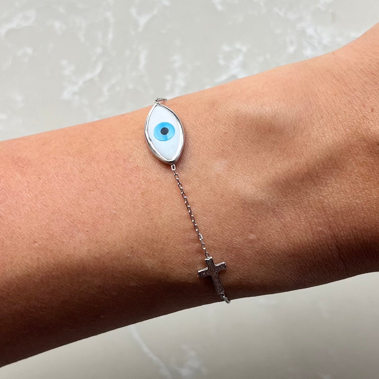 Liv Cross & Evil Eye Silver Chain Bracelet