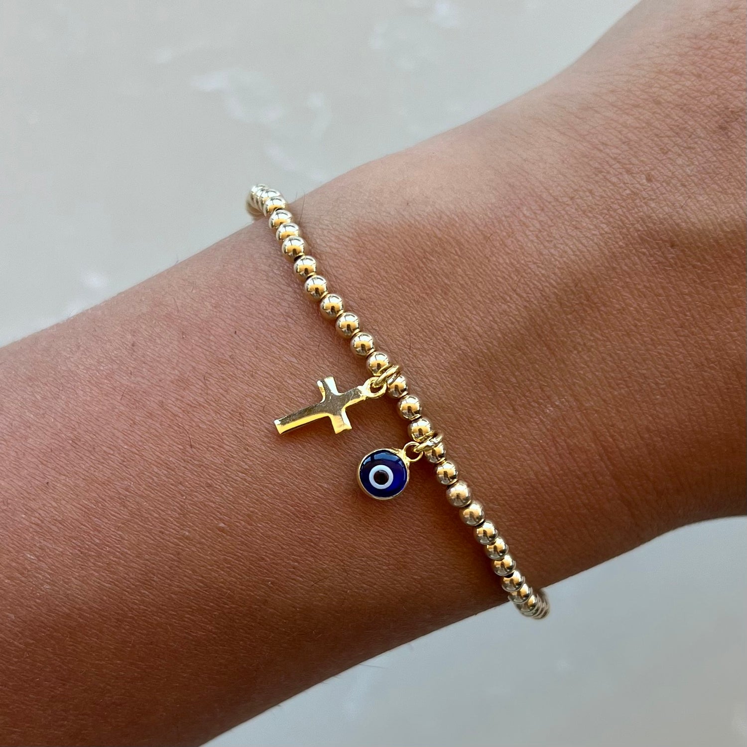 Cross & Evil Eye Dark Blue Gold Elastic Bracelets
