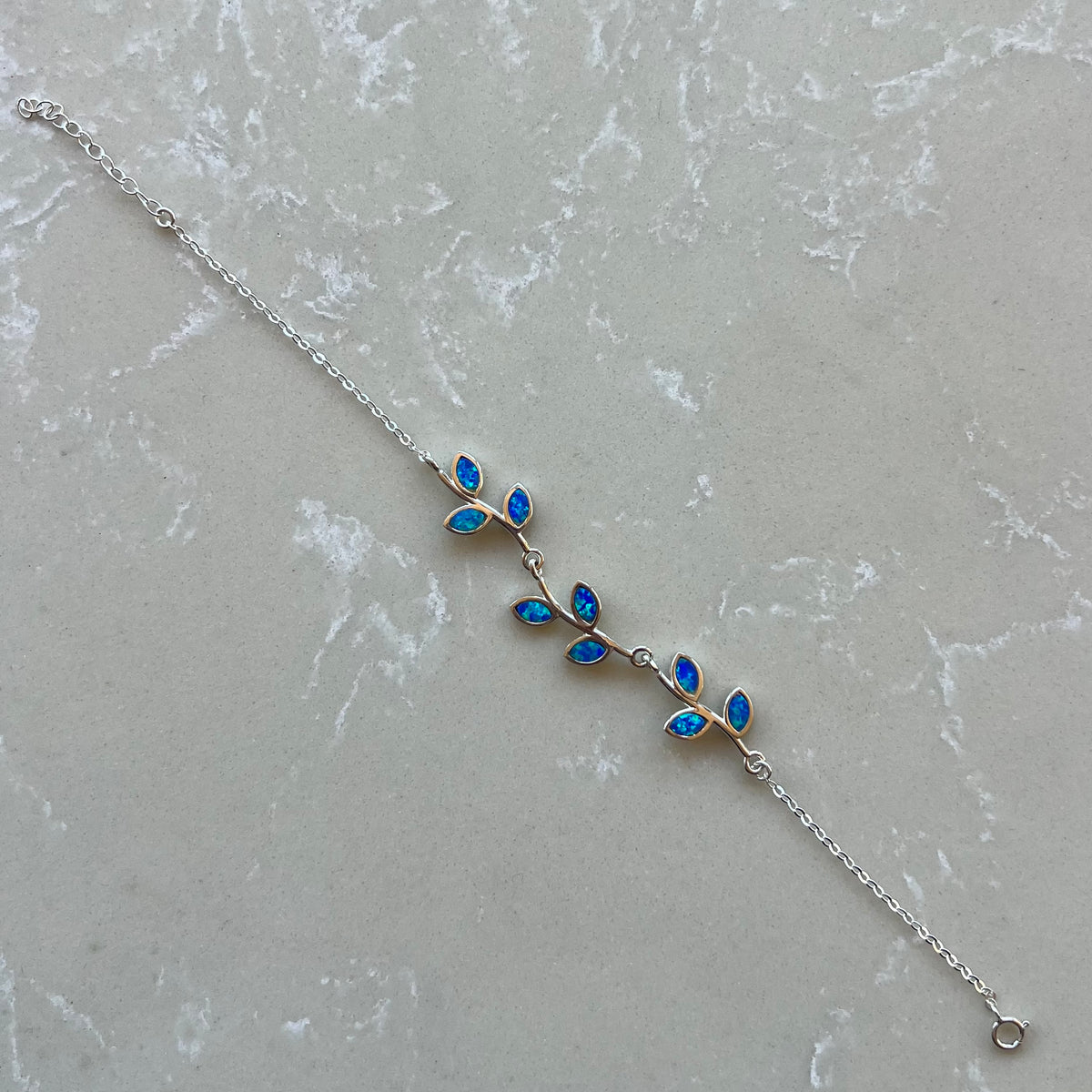 Blue Opal Leaf Silver Chain Bracelet