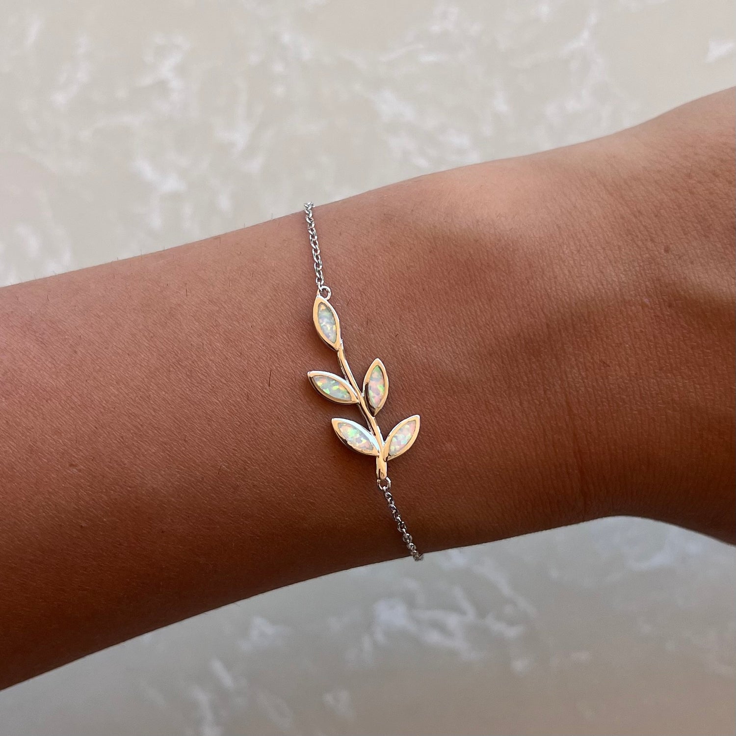 White Opal Leaf Silver Chain Bracelet