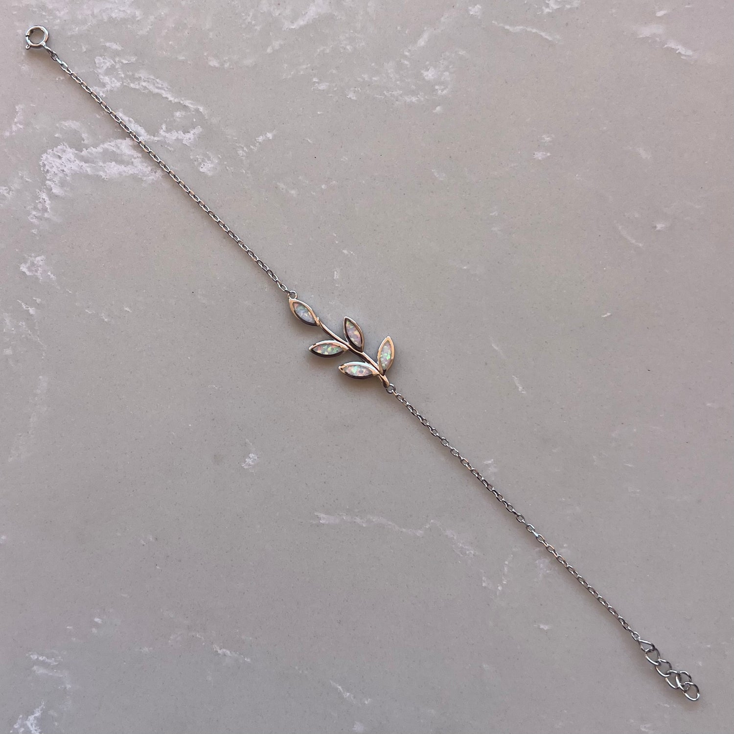 White Opal Leaf Silver Chain Bracelet