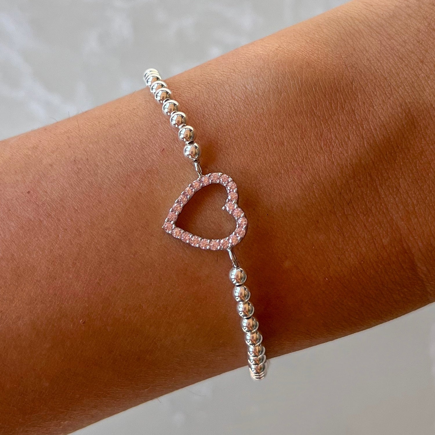 Pale Pink Heart Silver Elastic Bracelet