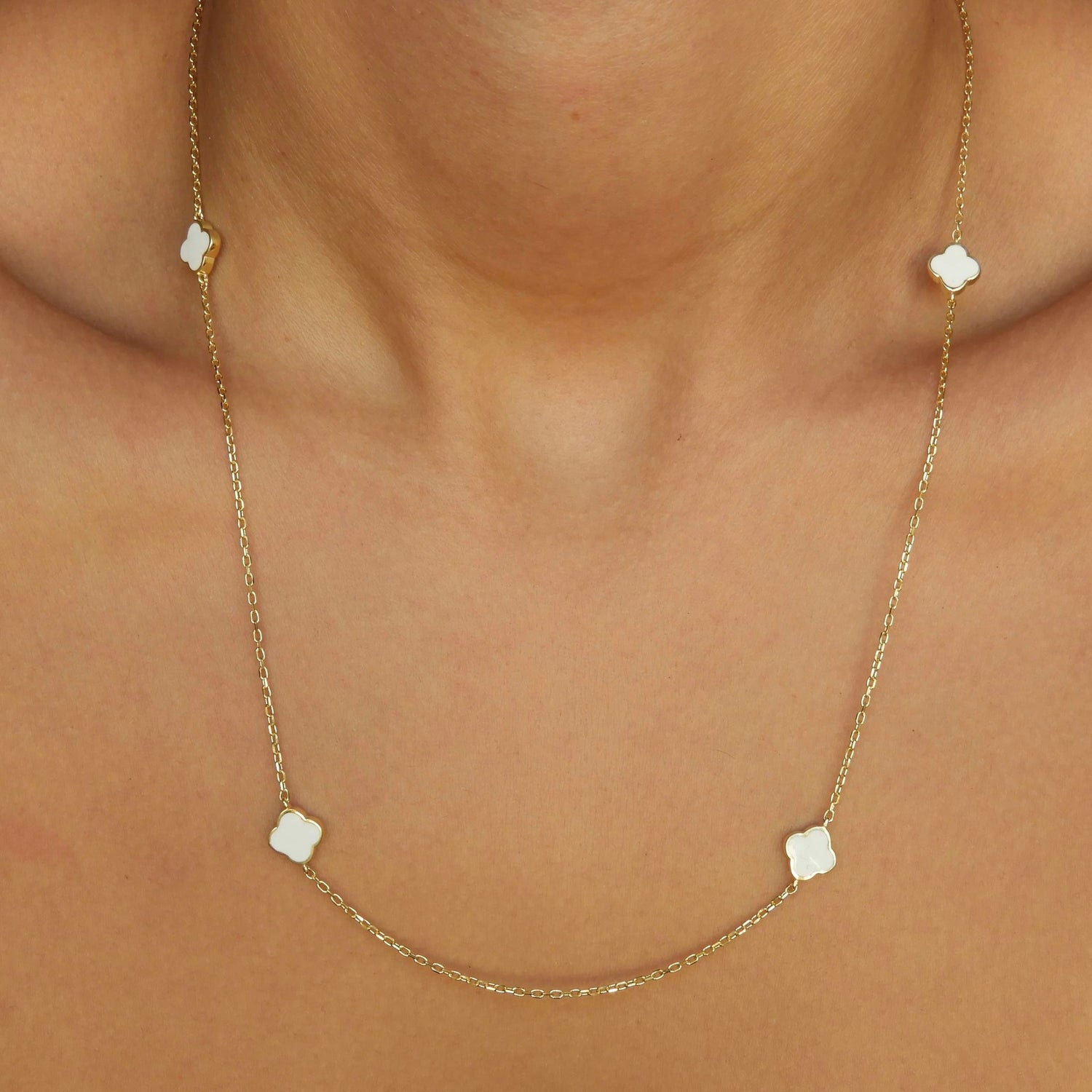 White Enamel 5 Clover Piece Gold Necklace