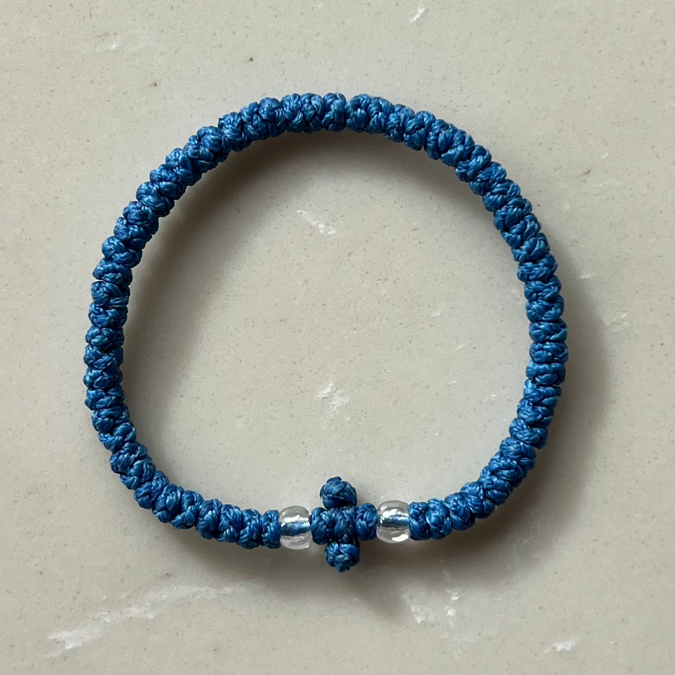 Komboskini Greek Orthodox Prayer Rope Bracelet - Steel Blue With Clear Beads